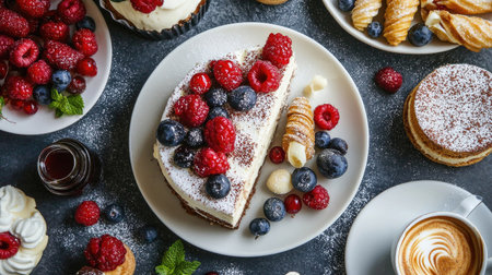 A beautiful flat lay of various Italian desserts, including tiramisu, cannoli, and panna cotta, arranged artfully on a table with coffee and berriesの素材