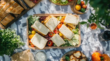 A beautifully styled picnic spread featuring sandwiches made with square bread, colorful fresh vegetables, and condiments, showcasing a delightful outdoor dining experience.の素材