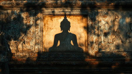 A dramatic shot of a Buddha figure's shadow cast on a temple wall, with intricate carvings surrounding it, symbolizing the rich heritage of Buddhist art and architecture.の素材