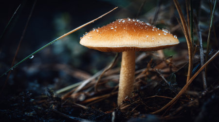 This close-up image captures a beautiful mushroom in a tranquil forest setting, showcasing delicate dew drops enhancing its vibrant cap and natural textures.の素材