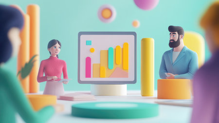 A business professional presenting a colorful 3D chart on a tablet, surrounded by colleagues, highlighting the importance of data visualization in decision-makingの素材