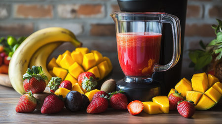 A colorful arrangement of various fruits including strawberries, mangoes, and bananas next to a blender, illustrating the preparation of a delicious fruit smoothie.の素材