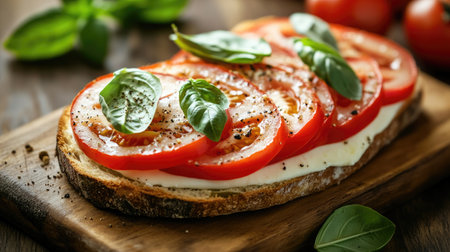 A delicious open-faced sandwich topped with sliced tomatoes, fresh basil, and mozzarella, highlighting the simplicity and flavor of classic Mediterranean ingredients.の素材