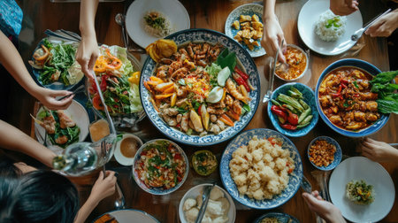 A family gathering around a table filled with various Thai dishes, including a large bowl of colorful showcasing the communal joy of sharing food together.の素材