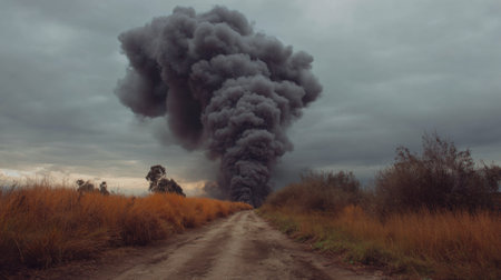 A powerful plume of dark smoke rises ominously from a fire along a dusty road, contrasting against golden grass and a foreboding sky. Nature's turmoil unfolds.の素材