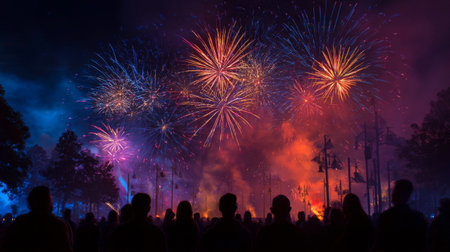 A breathtaking fireworks display fills the night sky with vibrant colors, while silhouettes of spectators admire the mesmerizing scene, creating a festive atmosphere.の素材