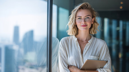 A confident young woman stands in a modern office, holding a tablet and smiling at the camera. The bright city view enhances the professional atmosphere.の素材