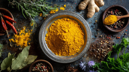Explore a stunning arrangement of spices and herbs featuring rich turmeric powder, ginger root, and an assortment of colorful seasonings on a rustic wooden table.の素材