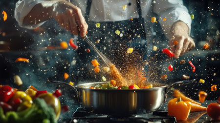 A lively shot of a chef stirring a pot on the stove, with vibrant colors of spices and vegetables flying around, capturing the energy of a bustling kitchen.の素材