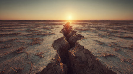 A stunning view of dried earth cracking under intense sunlight during sunset, showcasing the beauty and harshness of an arid landscape filled with texture and warmth.の素材