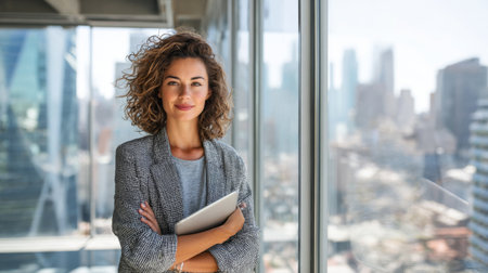 A confident woman with curly hair stands in a modern office, holding a tablet while smiling at the camera. The bright surroundings feature a stunning city view.の素材