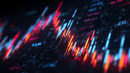 This image showcases an abstract representation of financial market trends, with colorful light bars indicating stock prices and trading volumes in a futuristic setting.の素材