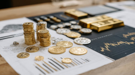 A captivating arrangement of gold and silver coins alongside gold bars and financial charts on a wooden table, representing investment strategies and wealth management.の素材