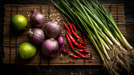 A stunning display of fresh vegetables and herbs on a bamboo mat, featuring vibrant limes, shallots, green onions, and spicy red chilies perfect for culinary creations.の素材
