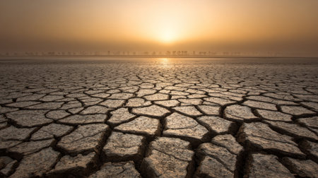 This image captures a stunning dry cracked earth landscape at sunrise, showcasing the effects of drought and climate change on our natural environments.の素材