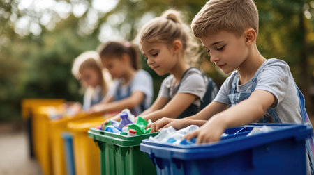 A group of students placing waste into separate recycling bins at a school, symbolizing the importance of environmental education from a young ageの素材