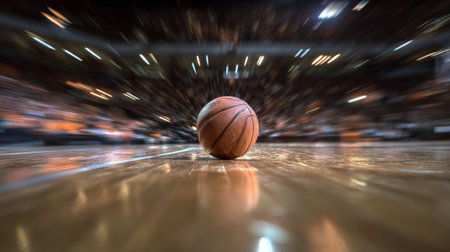 A striking close-up of a basketball resting on the court, surrounded by motion blur that captures the dynamic energy and excitement of a live sports event.の素材