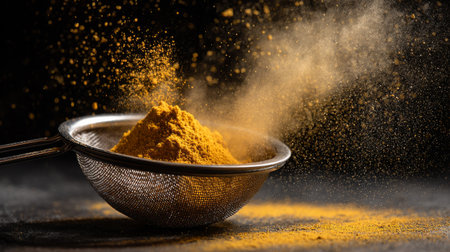 This captivating image showcases fine ground turmeric powder being sifted through a metal strainer. The vibrant yellow color bursts against a dark background, creating an artistic presentation.の素材