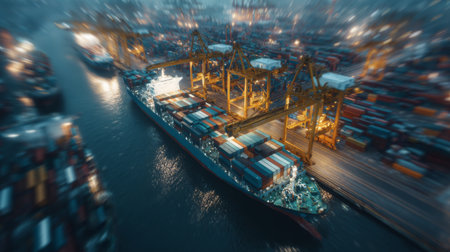 An aerial view of a large cargo ship at a busy port, with cranes actively unloading containers at night. City lights illuminate the bustling shipping yard and freight activity.の素材