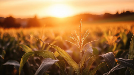 A picturesque sunset over a cornfield, with golden light illuminating the corn plants, creating a serene and peaceful agricultural scene.の素材