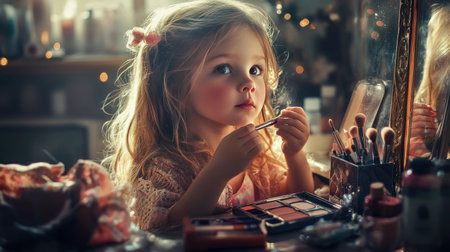 A playful scene of a little girl trying on her mother makeup, surrounded by a mess of cosmetics, highlighting the innocence and joy of exploring beauty.の素材