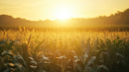A picturesque sunset over a cornfield, with golden light illuminating the corn plants, creating a serene and peaceful agricultural scene.の素材