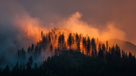 A stunning visual capture of a forest fire at dusk, showcasing vibrant flames and billowing smoke amidst silhouetted trees, raising awareness about environmental issues.の素材