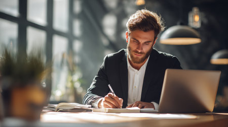 A focused young professional man sits at a desk, writing in a notebook and working on a laptop in a modern office filled with natural light and greenery.の素材