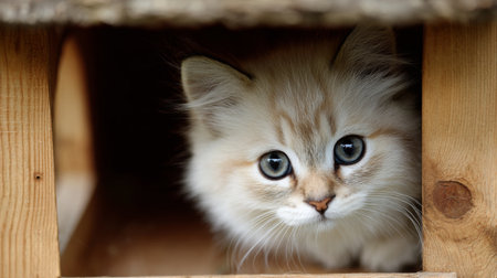 A cute kitten peeks out from a handcrafted wooden shelter, its big blue eyes filled with curiosity, representing the playful nature of young cats in peaceful environments.の素材