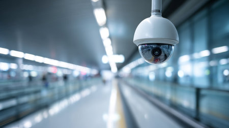 A close-up of a surveillance camera in a contemporary airport setting, emphasizing security and monitoring while showcasing a blurred walkway in the background.の素材