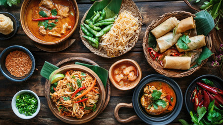 A rustic wooden table set with a variety of Thai dishes, including spring rolls, and Tom Yum soup, inviting diners to experience a complete Thai feast.の素材