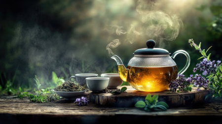 A serene image of a pot filled with herbal tea steeping on a wooden table, accompanied by cups and a teapot, promoting relaxation and wellness.の素材