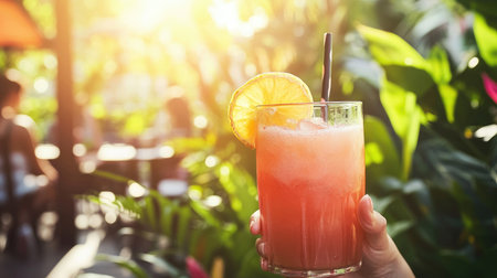 A refreshing scene of a person enjoying a glass of blended fruit drink on a sunny patio, surrounded by lush greenery, capturing the essence of summer.の素材