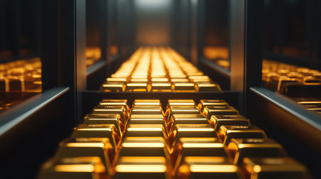 A row of gold bars neatly arranged in a vault, with soft lighting highlighting their metallic luster, symbolizing financial security and stored wealth.の素材