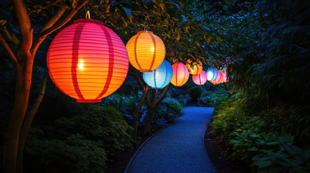 A serene night scene featuring a row of colorful paper lanterns hanging from trees, illuminating a garden pathway during a festival, evoking a sense of celebration.の素材