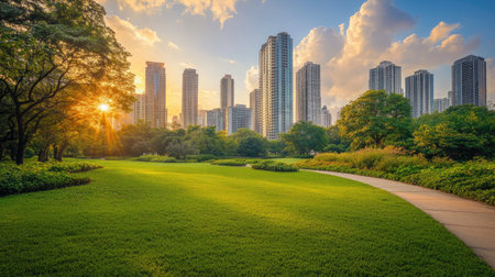 A serene view of a city park in the foreground, contrasting with the towering skyscrapers in the background, capturing the balance between nature and urbanizationの素材