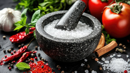 A rustic mortar and pestle filled with salt and spices, surrounded by fresh ingredients, illustrating the traditional method of seasoning food in culinary practicesの素材