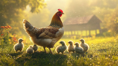 A serene morning scene of a mother hen and her chicks basking in the sunlight, with dew glistening on the grass, illustrating a peaceful farm lifeの素材
