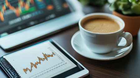 A serene workspace with a gold price chart displayed on a tablet, complemented by a cup of coffee and a notebook, reflecting a calm approach to investment strategiesの素材