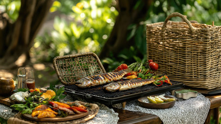 A serene outdoor setting with a picnic featuring paired with grilled fish and fresh vegetables, showcasing the joy of enjoying homemade meals in nature.の素材