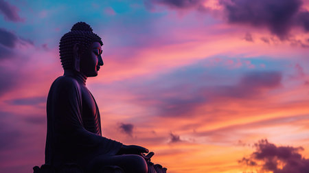 A serene silhouette of a Buddha statue against a vibrant sunset sky, highlighting the peacefulness and tranquility associated with Buddhist spirituality.の素材