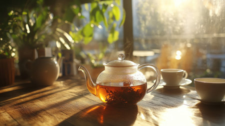 A serene image of a pot filled with herbal tea steeping on a wooden table, accompanied by cups and a teapot, promoting relaxation and wellness.の素材