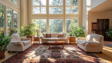 A spacious living room filled with natural light from large windows, featuring a comfy couch, stylish armchairs, and decorative plants, promoting a welcoming atmosphere.の素材