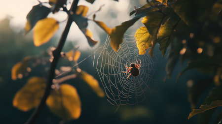 A spider sitting in its web spun between two leaves, waiting patiently for prey, with soft morning light filtering through the trees.の素材