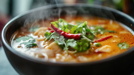 A steaming bowl of spicy Thai soup garnished with fresh chili slices and herbs, highlighting the vibrant colors and rich flavors characteristic of Thai cuisine.の素材