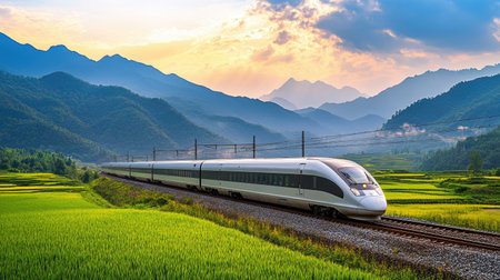 A sleek high-speed train gliding along a scenic landscape, with mountains in the background and green fields, showcasing the beauty of modern rail travel.の素材