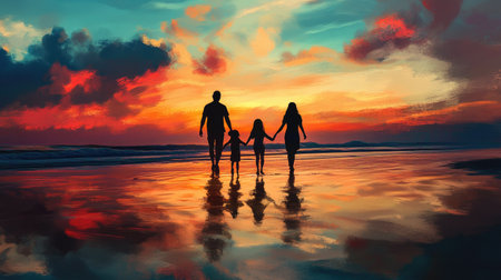A silhouette of a family holding hands while walking along a beach at sunset, their shadows cast on the sand, symbolizing unity and togetherness against a colorful sky.の素材
