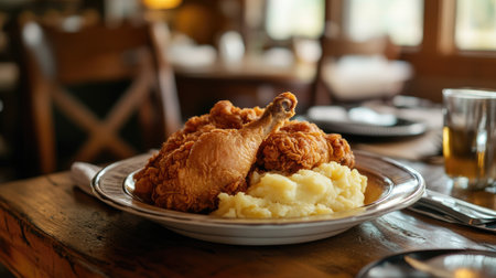 A rustic kitchen table with a family-style serving of fried chicken, mashed potatoes, and gravy, highlighting the comfort and nostalgia of traditional home-cooked meals.の素材