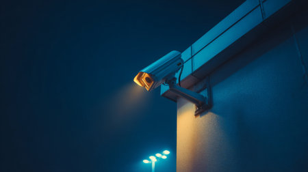 A modern security camera is mounted on a building, providing surveillance in the night with warm illumination, emphasizing the importance of safety and monitoring.の素材