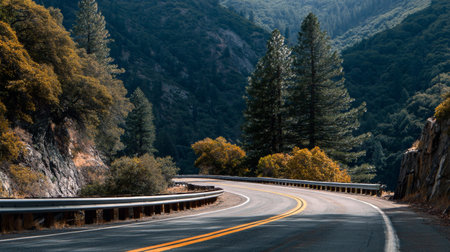 A beautiful winding road meanders through a lush green landscape, surrounded by towering trees and stunning mountains, ideal for outdoor adventure and travel.の素材